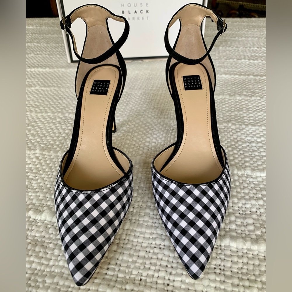 White House Black Market Black & White Gingham Pointed Ankle-Strap Heels